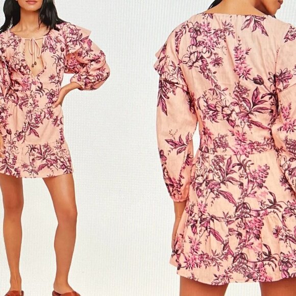FREE PEOPLE Sunbaked Floral Long Sleeve Swing Minidress in Peach Combo Size M - Picture 1 of 6